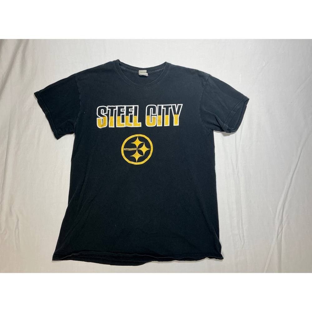 Vintage Steel City Pittsburgh Steelers T-Shirt Black Graphic Print Mens Size S